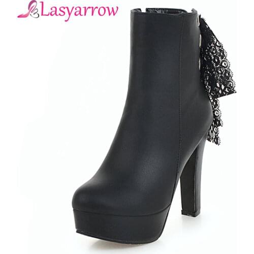 Lasyarrow Fashion Casual Women Winter Ankle Boot Ladies Round Toe Platform Short Boots Shoes Woman Black White Size 32-43 F490
