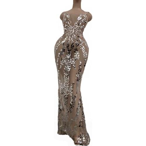 Fashion Summer Sequins Dress Women Mesh See Through Costume Prom Party Celebrate Long Train Dress Sexy Evening Skinny Dress