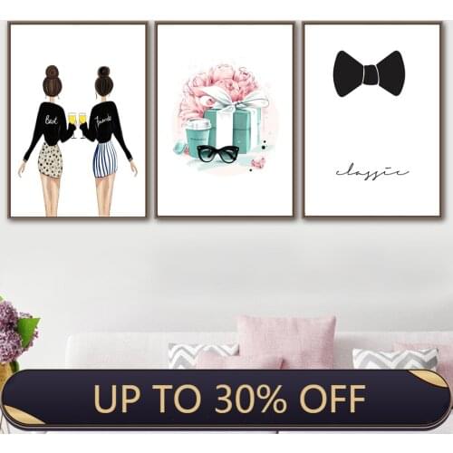Fashion Girl Glasses Flower Gift Bow Wall Art Canvas Painting Nordic Poster And Prints Wall Pictures For Living Room Home Decor