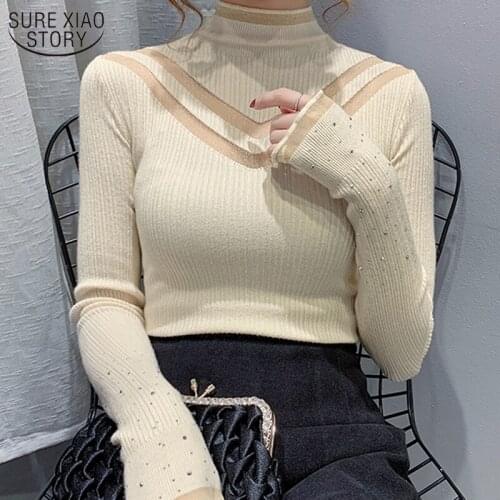 Autumn Sexy Lace Winter Clothes Women Long Sleeve Slim Knitted Sweater Fashion Womens Hollow Turtleneck Pullover Sweater 11558