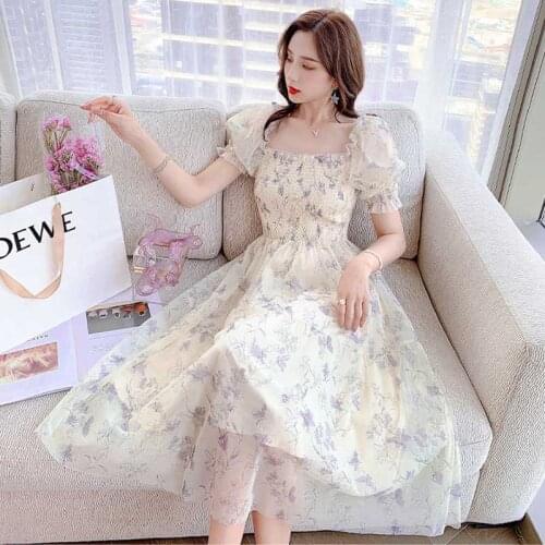 Summer Women Floral Print Sweet Princess Casual Midi Dress Female Puff Sleeve Party Holiday Dress Chiffon Elegant Kawaii Dress
