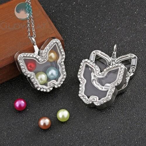 Silver Butterfly Can open Locket Necklace Beads Pearl Memory Photo Glass Locket Pendant Charm Necklace