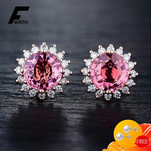 Bali Jelry Trendy Earring 925 Silver Jewelry 7mm Round Pink Red Zircon Gemstone Accessories for Women Wedding Party Dropshipping