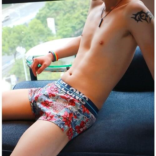 Mens underwear boxers aro men panties rose print panties mens shorts with dick pouch mens sexy sleepwear boxer men cotton