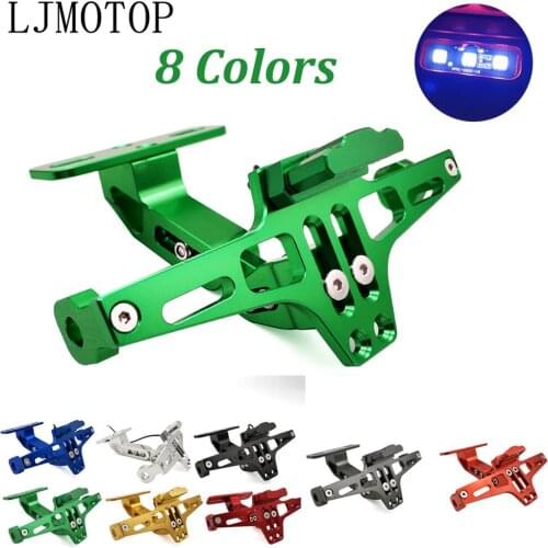 For Honda YAMAHA SUZUKI BMW BUELL Universal CNC Aluminum Angle Motorcycle Rear License Plate Mount Holder Frame White LED Light