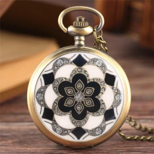 Vintage Bronze Copper White Jade Flower Crystal Big Quartz Pocket Watch Women Necklace Pendant Chain Birthday Gifts Lovely Clock