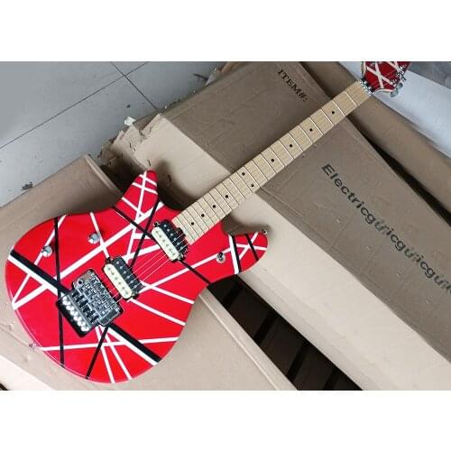 In Stock-Left handed red striped electric guitar with Active Pickups,maple fretboard,customized logo/color available