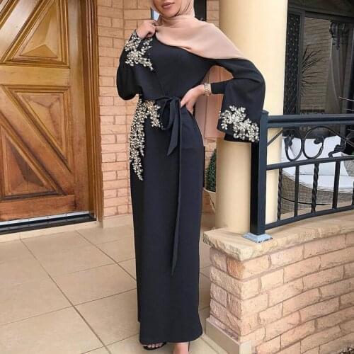 Women Muslim Dubai Abaya Flare Long Sleeve Maxi Dress Floral Lace Beading Patchwork Turkey Hijab Robe Kaftan Middle East