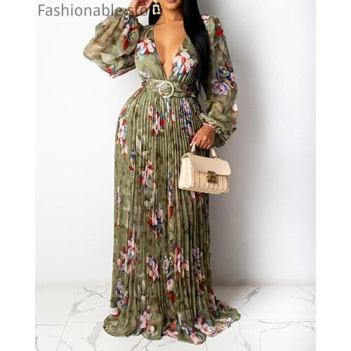 Women Floral Print Deep V-Neck Ruched Long Sleeve Maxi Dress With Sashes