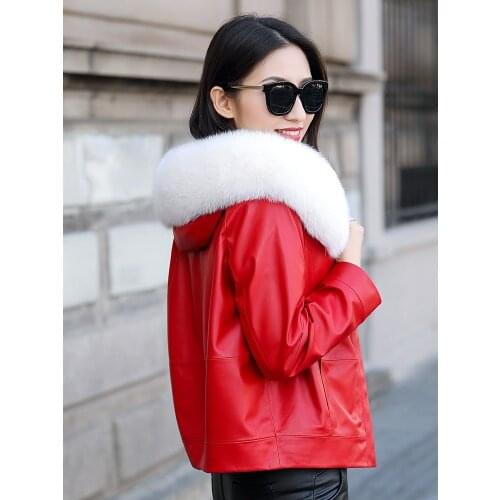 90%White Duck Down Womens Down Jackets Fox Fur Collar Hooded Coat Female Real Sheepskin Leather Jacket Women Veste FemmeZjt1751