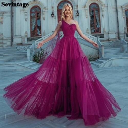 Sevintage One Shoulder Long Prom Dresses 2021 Tiered Tulle Formal Evening Dress Princess Women Wedding Party Gowns Custom Made