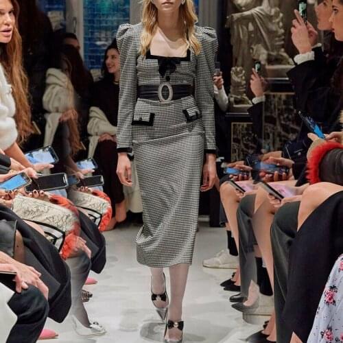 Vintage Houndstooth Dresses for Women Spring Autumn Elegant Bow Long Sleeve Slim Midi Dress Female Runway Robe Femme