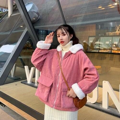 Winter Thicken Warm Coat Women Vintage Fleece Corduroy Hooded Coat Korean Style Loose Pocket Velvet Jacket Outswear