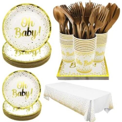 10Pcs Bronzing Gold Dot Disposable Tableware Set OH BABY Paper Cup Plates Tablecloth Knife Cross Spoon Romantic Wedding Supplies