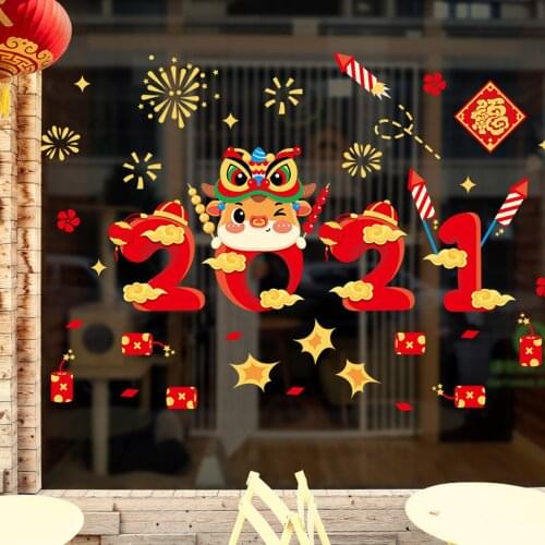 2021 Wall Sticker Window Sticker 2021 Happy New Year Cute Lion Waterproof Removable Wall Decals Art Wallpaper Home Decoration