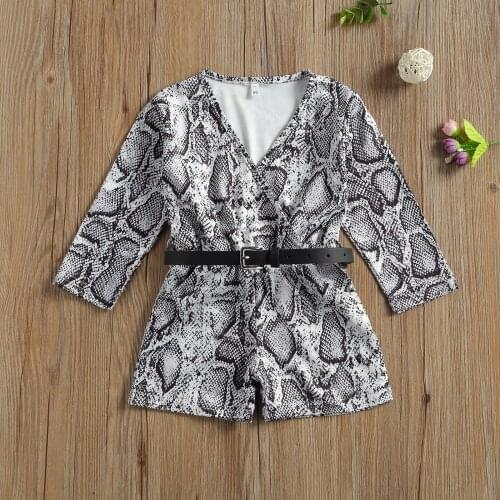 2021 New Summer Toddler Kids Girl Long Sleeve Romper V Neck Snake Printed Short Jumpsuit Belt Clothes Set Outfits