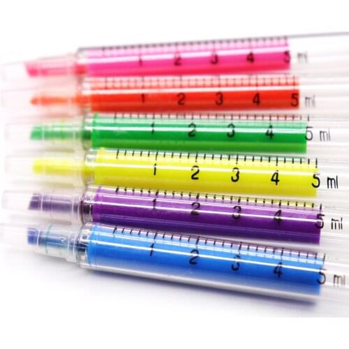 6pcs Creative Highlighter Pens Color Mixed Syringe Design Markers Fluorescent Pen Stationery Pen School Supplies Syringe