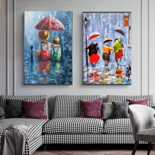 Abstract Boys and Girls Under Umbrella In The Rain Couples Canvas Painting Poster and Print Wall Art Picture for Home Decoration