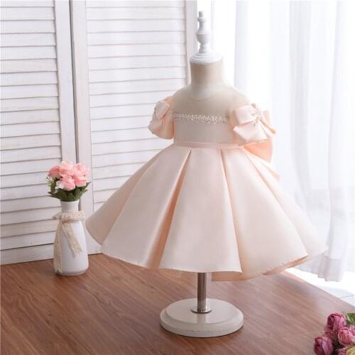 Yoliyolei Satin Kids Dresses for girl Bowknot Short Sleeves Elegant 2-5 Years Baby Girls Clothes Hollow Out Gown Children Dress