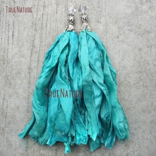 Boho Long Large Tassel Design Turquoises Blue Color Sari Silk Crystal Beads Silver Tulip Cap For Necklace In 6.8 inch PM9122