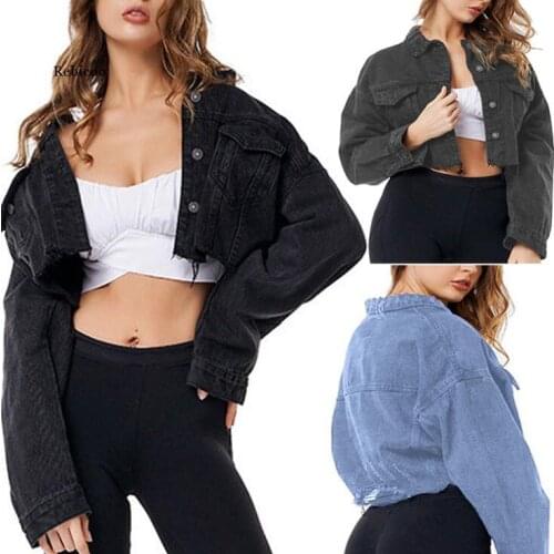 Boyfriend Jean Jacket Women Oversized Crop Denim Jackets Vintage Long Sleeve Short Jacket Casual Loose Coat Black Bomber Jacket