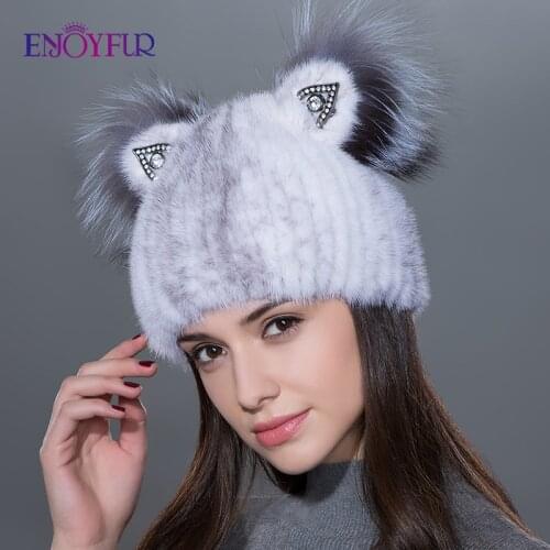 ENJOYFUR Winter womens fur hat genuine natural fox mink fur cap lovely cat ears style hats fashion female fur hats