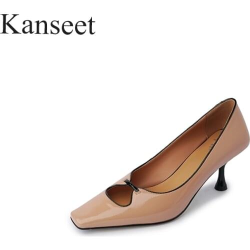 Kanseet 2021 New Womens Pumps Spring Autumn Black Khaki Genuine Leather Square Toes Shallow High Heels Footwear Handmade Shoes