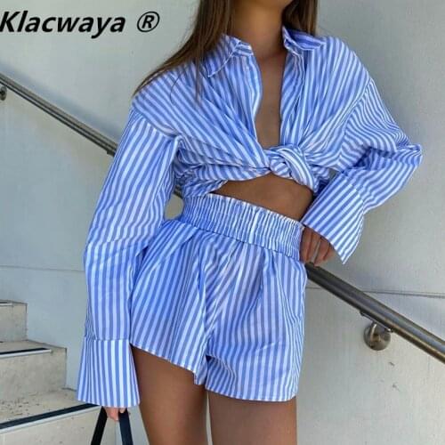 Klacwaya Za Women Sets 2021 Casual Blue Stripe Shirt Shorts Suit 2 Pieces Set Tops And High Waisted Shorts Set Female Outfit