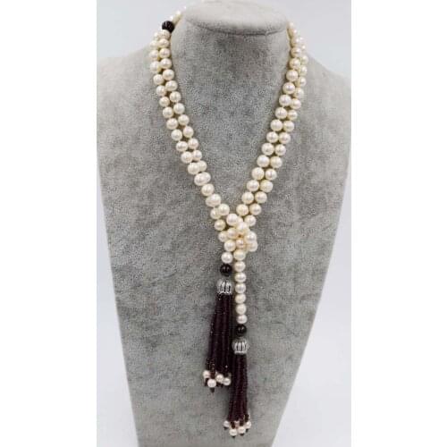 Red garnet round faceted tassel necklace hook pendant 55inch freshwater pearl white near round amazing gift