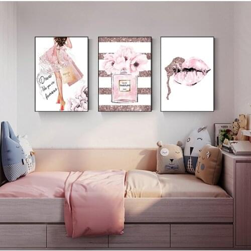 Pink Flower Perfume Fashion Poster Eyelash Lips Makeup Print Canvas Art Painting Wall Picture Modern Girl Room Home Decoration