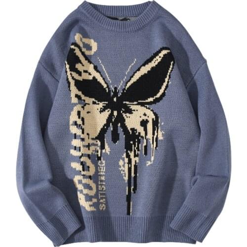 Mens Sweater 2021 New Spring and Winter Butterfly Print Crew Neck Sweater Mens Pullover Hong Kong Style Hip-Hop Sweater Mens