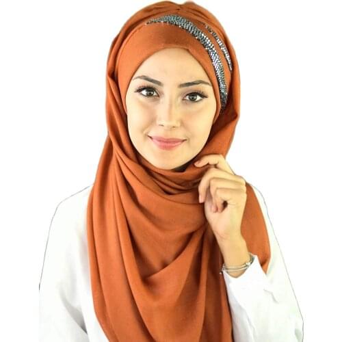 2021New Fashion Hijab Women Muslim Islamic Chiffon Scarf Hat Foulard Silver Sequin Sequined Detailed Dark Orange Ready-made Shaw