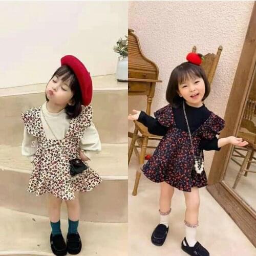 2021 New Autumn Children Girls Solid Color Bottoming Shirt with Sling Floral Dresses Two Pieces Sets Toddler Kids Princess Suit