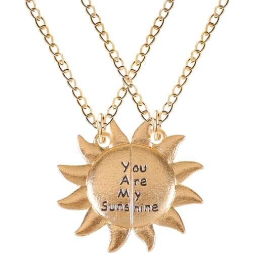 2 Piece Necklace Gold Stitching Sun Carved Letters You Are My Sunshine Pendant Fashion Simple Men And Women Jewelry Gift