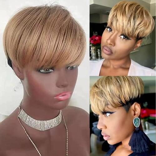 Short Straight Bob Pixie Cut Non Lace Front Human Hair Ombre Colored Wig With Bangs For Women Brazilian Cheap Human Hair Wig