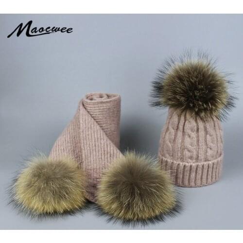 Girl Boy Fur Pompom Beanie Parent-child Suit Hat Scarf Set Child Kid Baby Raccoon Fur Pompon Hat Cap Women Wool Knitted Skullies