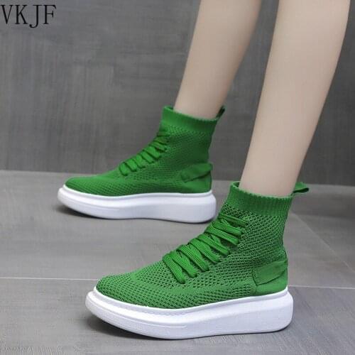Green Knit Elastic Mesh Boots Women 2021 Autumn Slip on Platform Ankle Boots for Woman Thick Bottom Breathable Sock Shoes