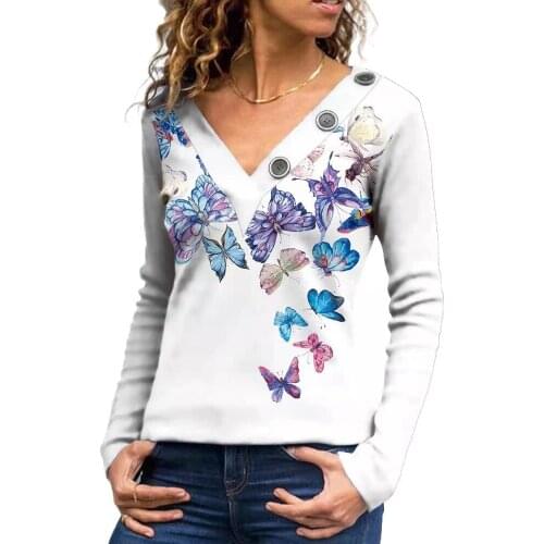 Women Fashion Autumn Spring T Shirt Sexy V Neck Long Sleeve Tee Shirts Female Street Tops Butterfly Floral Print Clothes Tshirt