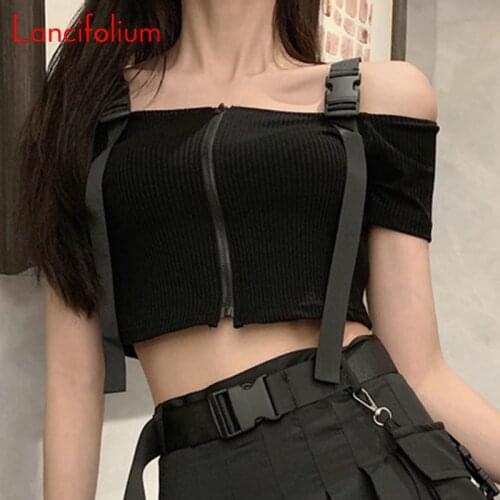 Y2k Gothic Goth E Girl Crop Top Summer Aesthetic Korean Fashion Zipper Slash Neck Tshirt 2021 Women Sleeveless Skinny T Shirts