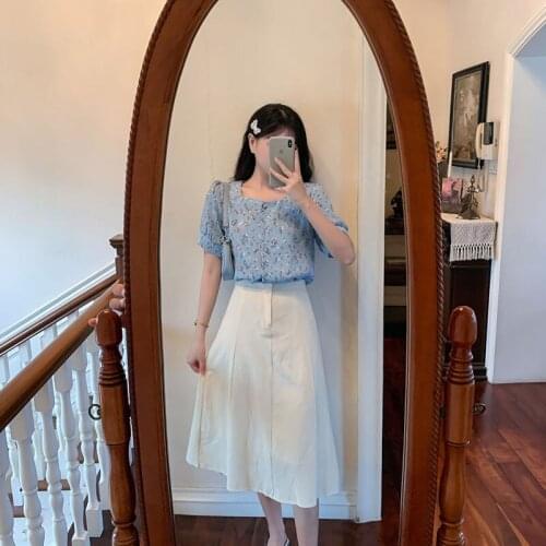 Women 2021 Summer New Two-piece Sets Female Square Collar Printed Shirt Ladies High Waist Loose A-line Skirts Suits K168