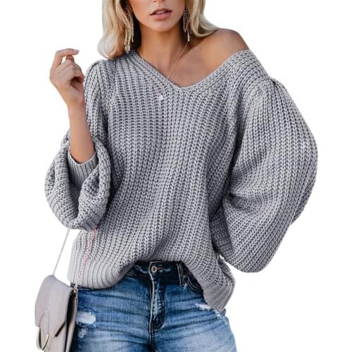 2021 Women Fall sweater Lantern Sleeve V-neck Tops Solid Color Tops Fashion Knitwear for Ladies Lace-up Loose Pullovers Sweaters