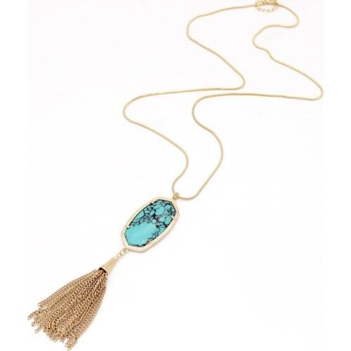 Fashion Women Lady Big Oval Druzy Natural Stone Long Tassel Metal Chain Pendant Necklace Sweater Necklace Classic Design Jewelry
