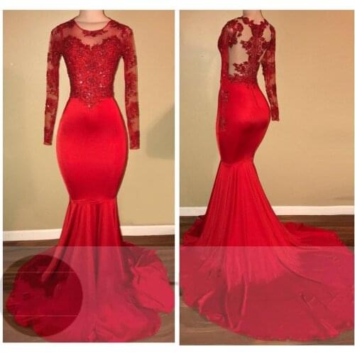 SuperKimJo Red Lace Applique Evening Dresses Long 2020 Mermaid Elegant Beaded Cheap Evening Gown Robe De Soiree