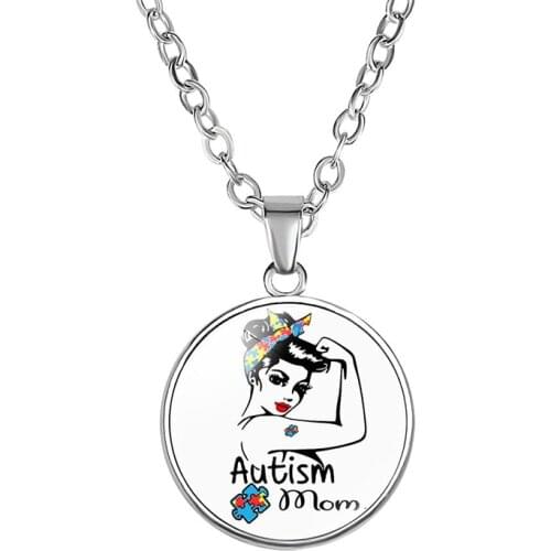 10PC Autism Mom Momma I Love My Son Ribbon Awareness Sunshine Smile Glass Cabochon Pendant Chain Necklace Women Jewelry Gift