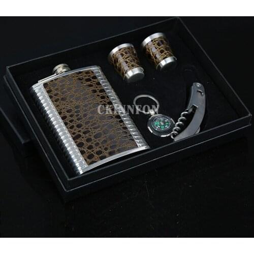 50Set PU Leather Stainless Steel Liquor Whiskey Hip Flask+2 Wine Glass+Bottle Opener+Compass Set Gift Drinkware 9 Oz
