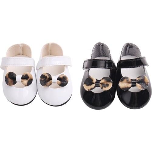 7cm Black/White Leopard Bow PU Leather Shoes For 18 inch American Doll Birthday Gifts for Girl Doll Accessories