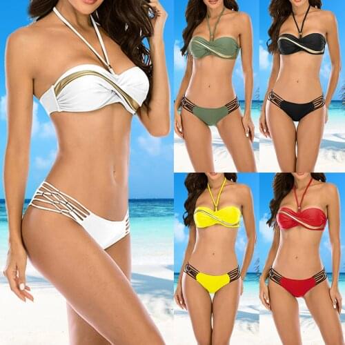 Low Waist Bikini 2021 Halter Swimwear Female String Hollow Out Swimsuit Women Print 2 Piece Suit Push Up Bathing Suit Swim Suit