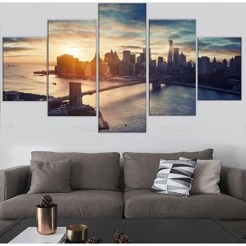 Brooklyn Bridge Paintings Manhattan Cityscape Pictures 5 Panel Canvas Wall Art Contemporary Artwork Home Framed Ready to Hang