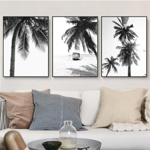 Black White Minimalist Tropical Landscape Canvas Painting Poster Beach Wall Picture Nordic Palm Tree Art Print Home Decoration