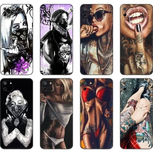 Black tpu Case For OPPO Realme C11 Case For Realme C 11 RealmeC11 Back RMX2185 Case Cover Bumper Sexy Sleeve Tattoo Girl